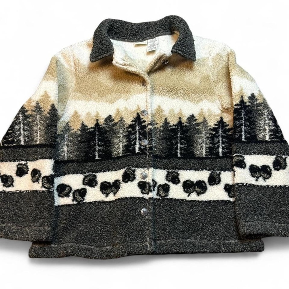 Vintage white stag nature outdoor all over print‎ fleece jacket size large